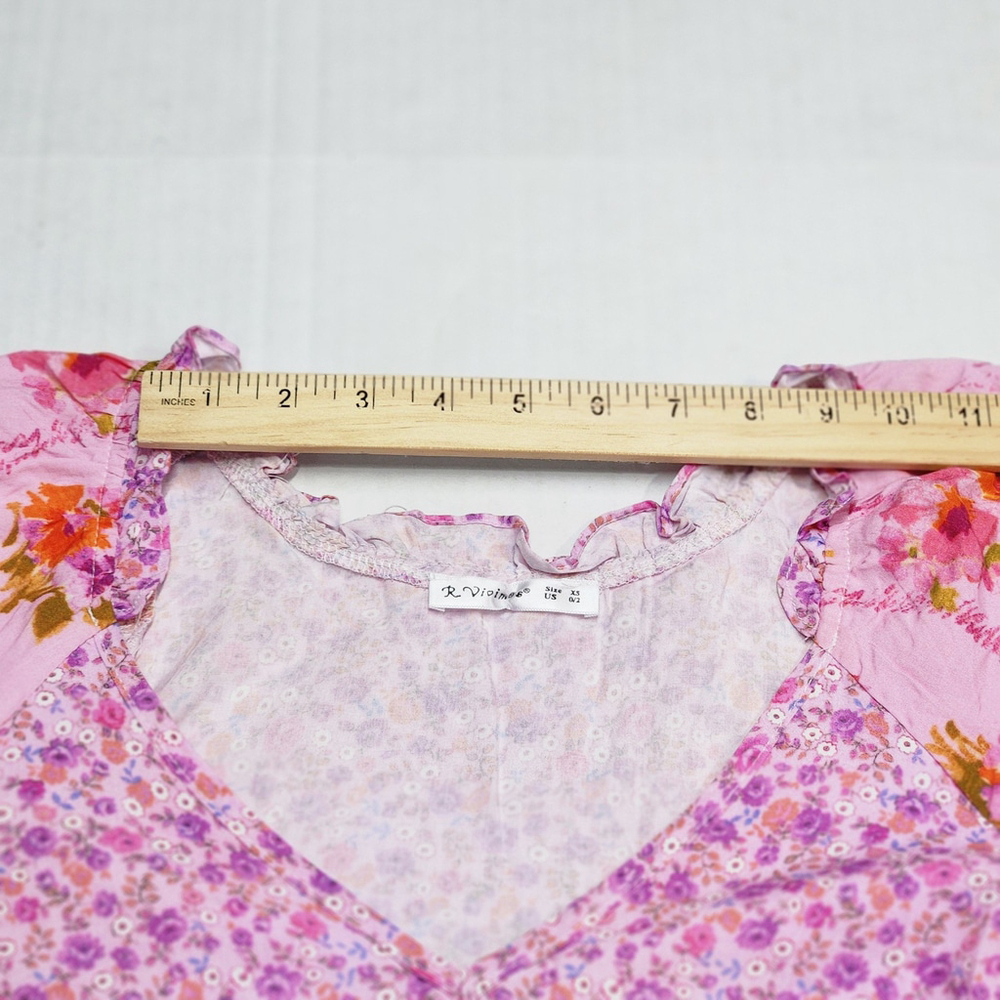 Patchwork Pink Floral Mini Dress Tiered Ruffle Balloon Sleeves  Boho Romantic XS - Picture 5 of 11